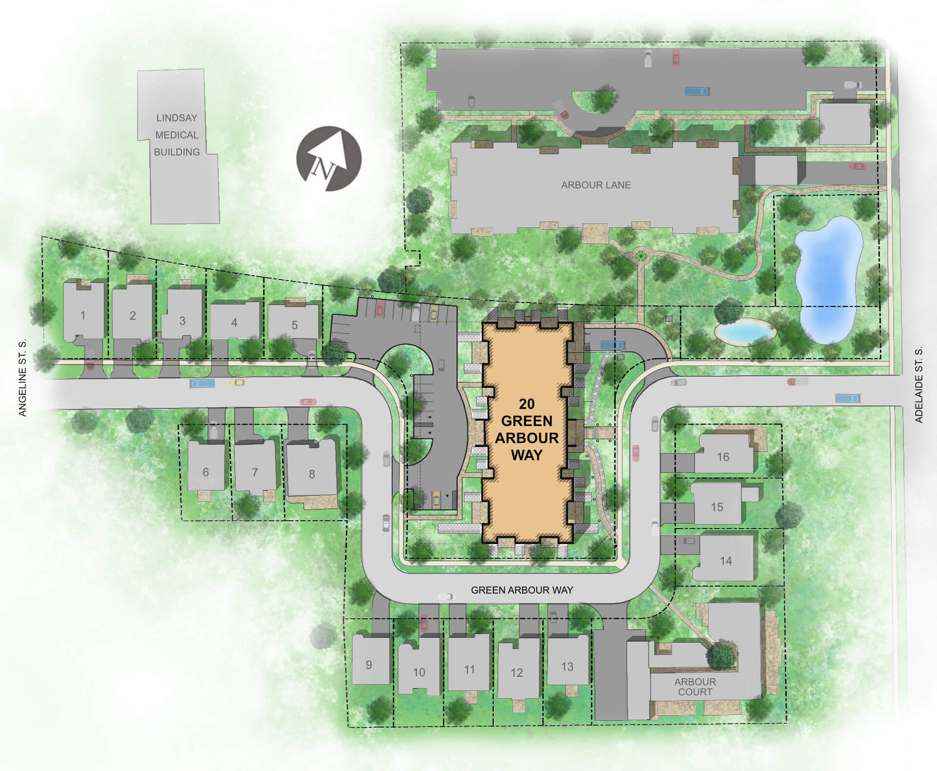 Arbour Village site plan showing individual Arbour homes, Arbour Court, 20 Green Arbour Way, and a planned north building named Arbour Lane